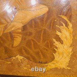 Vintage Noblev Wood Hawaiian Marquetry Dolphin Jewelry Box Exotic Wood Inlay