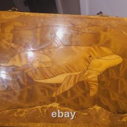 Vintage Noblev Wood Hawaiian Marquetry Dolphin Jewelry Box Exotic Wood Inlay