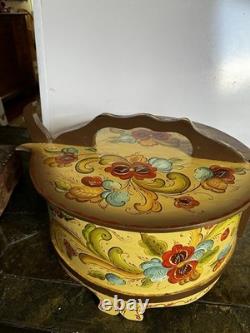 Vintage Norwegian Decorative Wooden Tine Box Rose Mailing Floral Painting