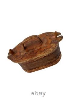Vintage Norwegian oval tine box Rare scandinavian birch bark box 1960s