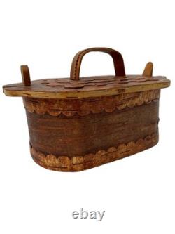 Vintage Norwegian oval tine box Rare scandinavian birch bark box 1960s