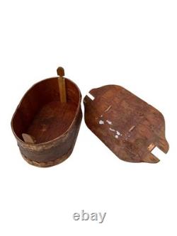 Vintage Norwegian oval tine box Rare scandinavian birch bark box 1960s