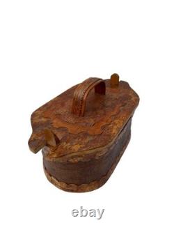 Vintage Norwegian oval tine box Rare scandinavian birch bark box 1960s