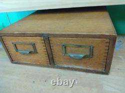 Vintage Oak 2-Drawer Library Index Card Card Box Brass Handles Utility
