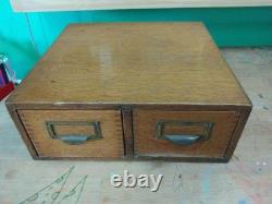 Vintage Oak 2-Drawer Library Index Card Card Box Brass Handles Utility