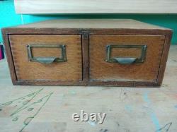 Vintage Oak 2-Drawer Library Index Card Card Box Brass Handles Utility