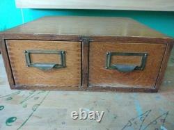Vintage Oak 2-Drawer Library Index Card Card Box Brass Handles Utility