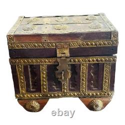 Vintage Old Antique Brass Work Rare Unique Shape Wooden Money / Jewelry Box