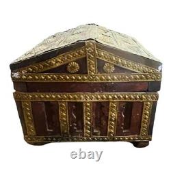 Vintage Old Antique Brass Work Rare Unique Shape Wooden Money / Jewelry Box