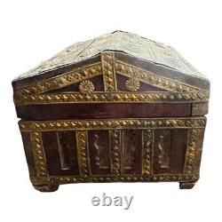 Vintage Old Antique Brass Work Rare Unique Shape Wooden Money / Jewelry Box