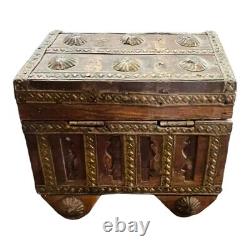 Vintage Old Antique Brass Work Rare Unique Shape Wooden Money / Jewelry Box