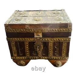 Vintage Old Antique Brass Work Rare Unique Shape Wooden Money / Jewelry Box