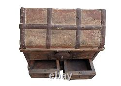 Vintage Old Antique Iron & Brass Work Rare Hut Shape Wooden Money / Jewelry Box