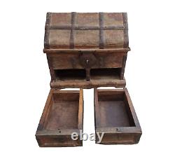 Vintage Old Antique Iron & Brass Work Rare Hut Shape Wooden Money / Jewelry Box