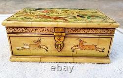 Vintage Old Handmade Jungle Hunting View Bone Fitted Wooden Jewelry Box J98