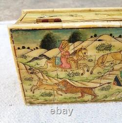 Vintage Old Handmade Jungle Hunting View Bone Fitted Wooden Jewelry Box J98