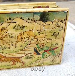 Vintage Old Handmade Jungle Hunting View Bone Fitted Wooden Jewelry Box J98