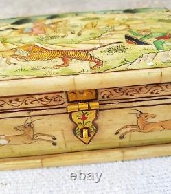 Vintage Old Handmade Jungle Hunting View Bone Fitted Wooden Jewelry Box J98