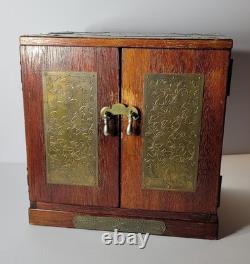 Vintage Oriental Heavy Wood Brass Hidden Drawers Velour Lining Jewelry Chest Box