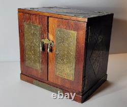Vintage Oriental Heavy Wood Brass Hidden Drawers Velour Lining Jewelry Chest Box