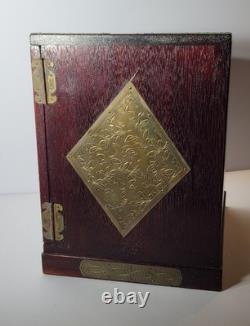 Vintage Oriental Heavy Wood Brass Hidden Drawers Velour Lining Jewelry Chest Box