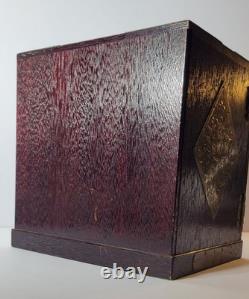 Vintage Oriental Heavy Wood Brass Hidden Drawers Velour Lining Jewelry Chest Box