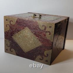 Vintage Oriental Heavy Wood Brass Hidden Drawers Velour Lining Jewelry Chest Box