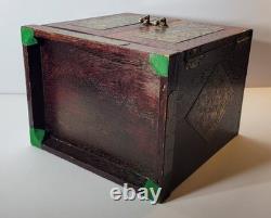 Vintage Oriental Heavy Wood Brass Hidden Drawers Velour Lining Jewelry Chest Box