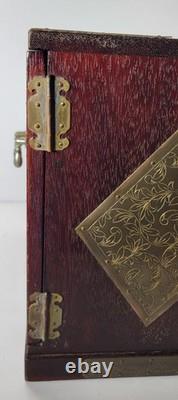 Vintage Oriental Heavy Wood Brass Hidden Drawers Velour Lining Jewelry Chest Box