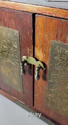 Vintage Oriental Heavy Wood Brass Hidden Drawers Velour Lining Jewelry Chest Box