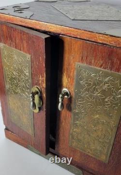 Vintage Oriental Heavy Wood Brass Hidden Drawers Velour Lining Jewelry Chest Box