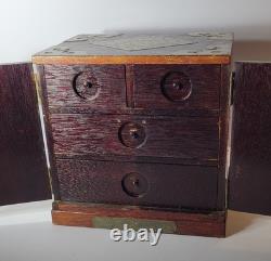 Vintage Oriental Heavy Wood Brass Hidden Drawers Velour Lining Jewelry Chest Box