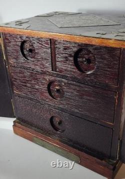 Vintage Oriental Heavy Wood Brass Hidden Drawers Velour Lining Jewelry Chest Box