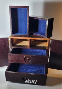 Vintage Oriental Heavy Wood Brass Hidden Drawers Velour Lining Jewelry Chest Box