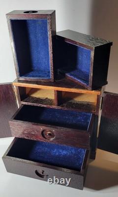 Vintage Oriental Heavy Wood Brass Hidden Drawers Velour Lining Jewelry Chest Box