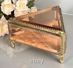 Vintage Ormolu Vanity Jewelry Casket/Box Footed Beveled Pink Glass 8L France