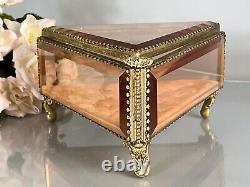 Vintage Ormolu Vanity Jewelry Casket/Box Footed Beveled Pink Glass 8L France