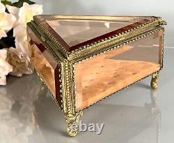 Vintage Ormolu Vanity Jewelry Casket/Box Footed Beveled Pink Glass 8L France