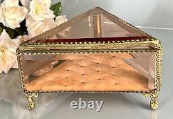 Vintage Ormolu Vanity Jewelry Casket/Box Footed Beveled Pink Glass 8L France