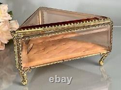 Vintage Ormolu Vanity Jewelry Casket/Box Footed Beveled Pink Glass 8L France