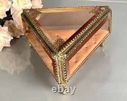 Vintage Ormolu Vanity Jewelry Casket/Box Footed Beveled Pink Glass 8L France