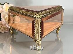 Vintage Ormolu Vanity Jewelry Casket/Box Footed Beveled Pink Glass 8L France