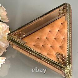 Vintage Ormolu Vanity Jewelry Casket/Box Footed Beveled Pink Glass 8L France