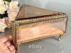 Vintage Ormolu Vanity Jewelry Casket/Box Footed Beveled Pink Glass 8L France