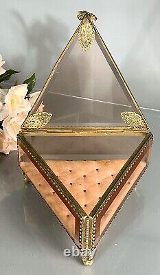 Vintage Ormolu Vanity Jewelry Casket/Box Footed Beveled Pink Glass 8L France