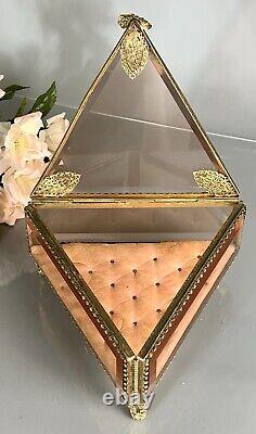 Vintage Ormolu Vanity Jewelry Casket/Box Footed Beveled Pink Glass 8L France