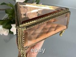 Vintage Ormolu Vanity Jewelry Casket/Box Footed Beveled Pink Glass 8L France