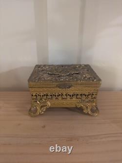 Vintage Ornate Brass Casket Jewelry Box, Mid Century French Style Trinket Box