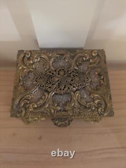 Vintage Ornate Brass Casket Jewelry Box, Mid Century French Style Trinket Box