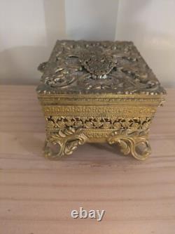 Vintage Ornate Brass Casket Jewelry Box, Mid Century French Style Trinket Box